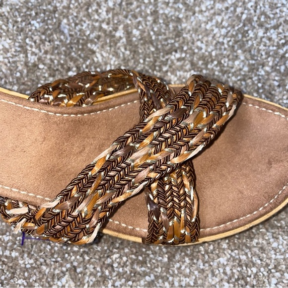 Italian Shoe Maker sandals wedge braided straps cross over brown gold SZ 9 tan - Picture 7 of 9